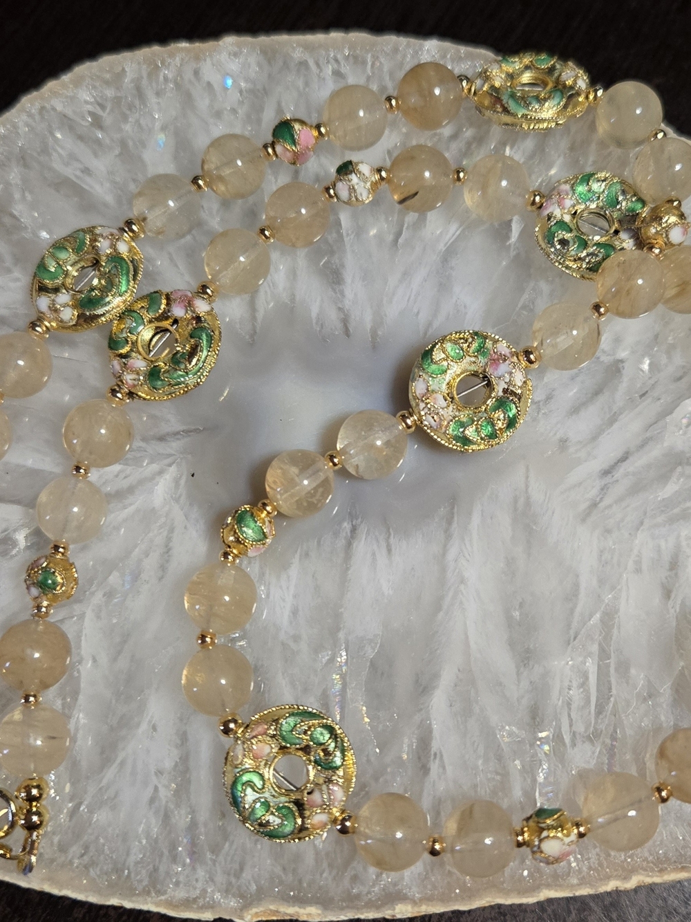 Gold Rutilated Quartz And Cloisonne Necklace And Earring Set - Picture 2 of 3